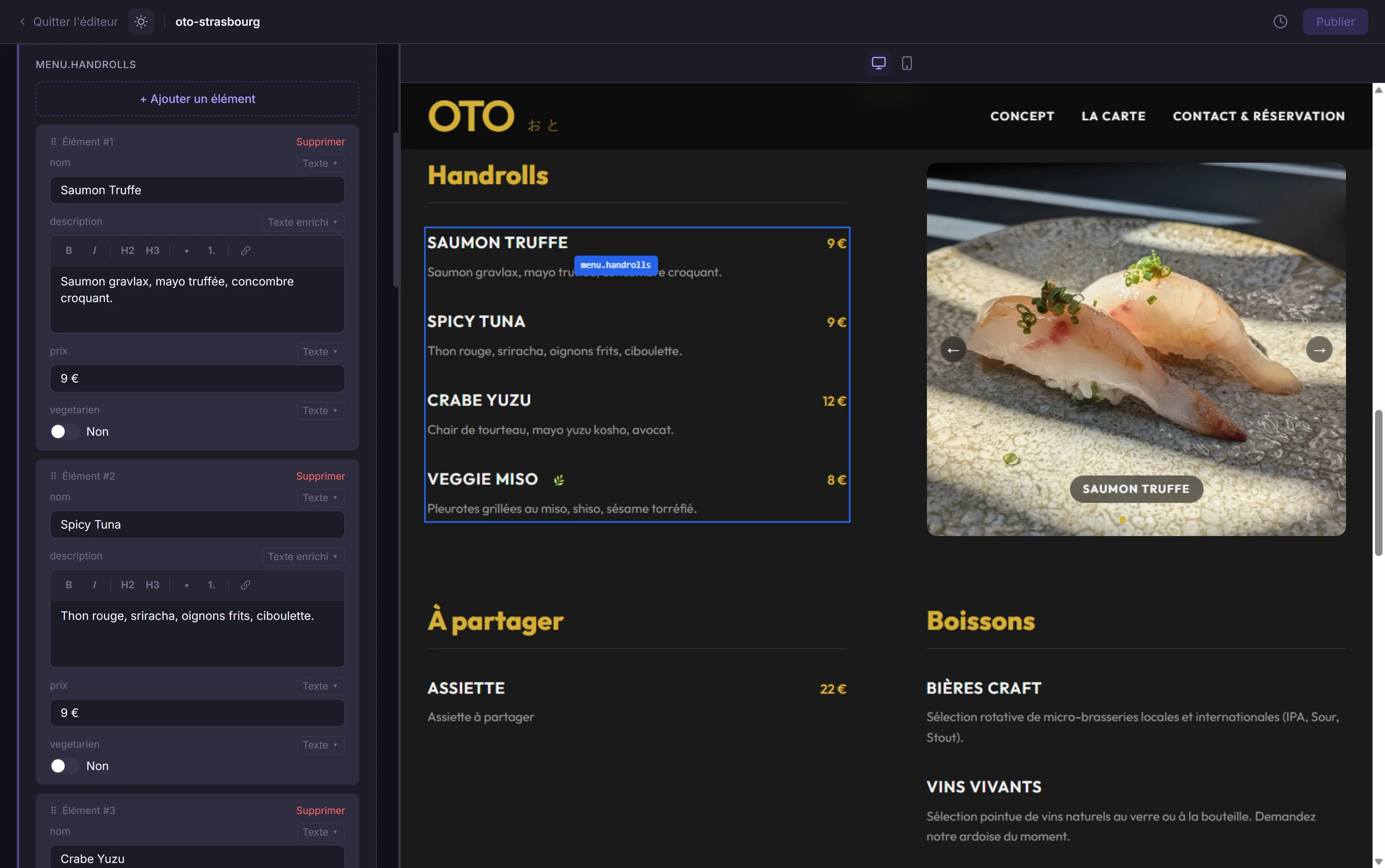 Éditeur desktop Creasitia — vue split avec aperçu live