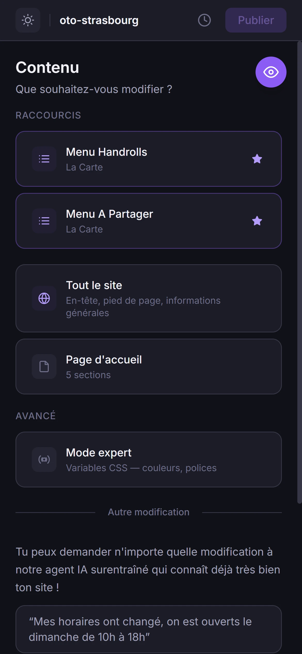 Éditeur mobile Creasitia — vue de gestion du contenu